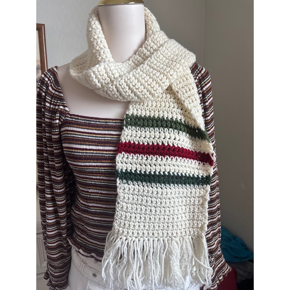 Hand Knit Crochet Scarf Winter Chunky Fringe Striped Ivory Red Green autumn